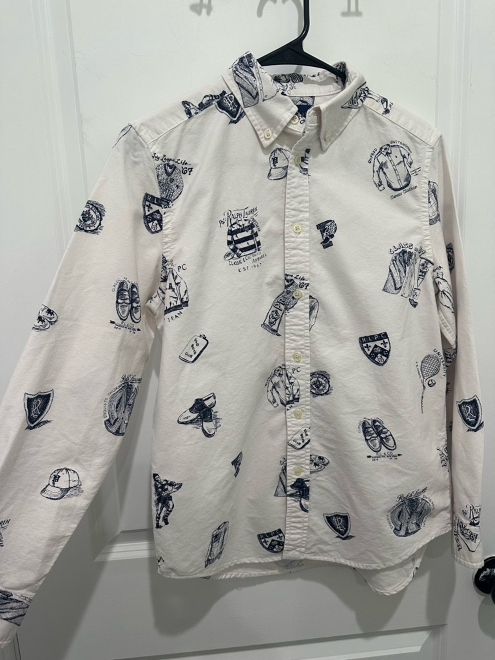 Polo Ralph Lauren Youth Boys SZ L White Button-Down Shirt w/ Navy Graphic Motifs